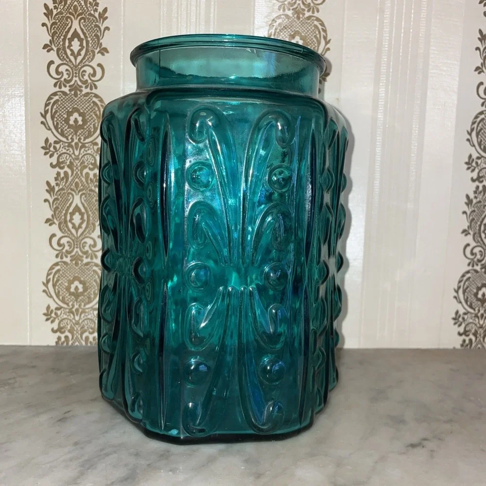 Vintage‎ LE Smith Imperial Atterbury Scroll Canister Jar Teal Glass Apothecary